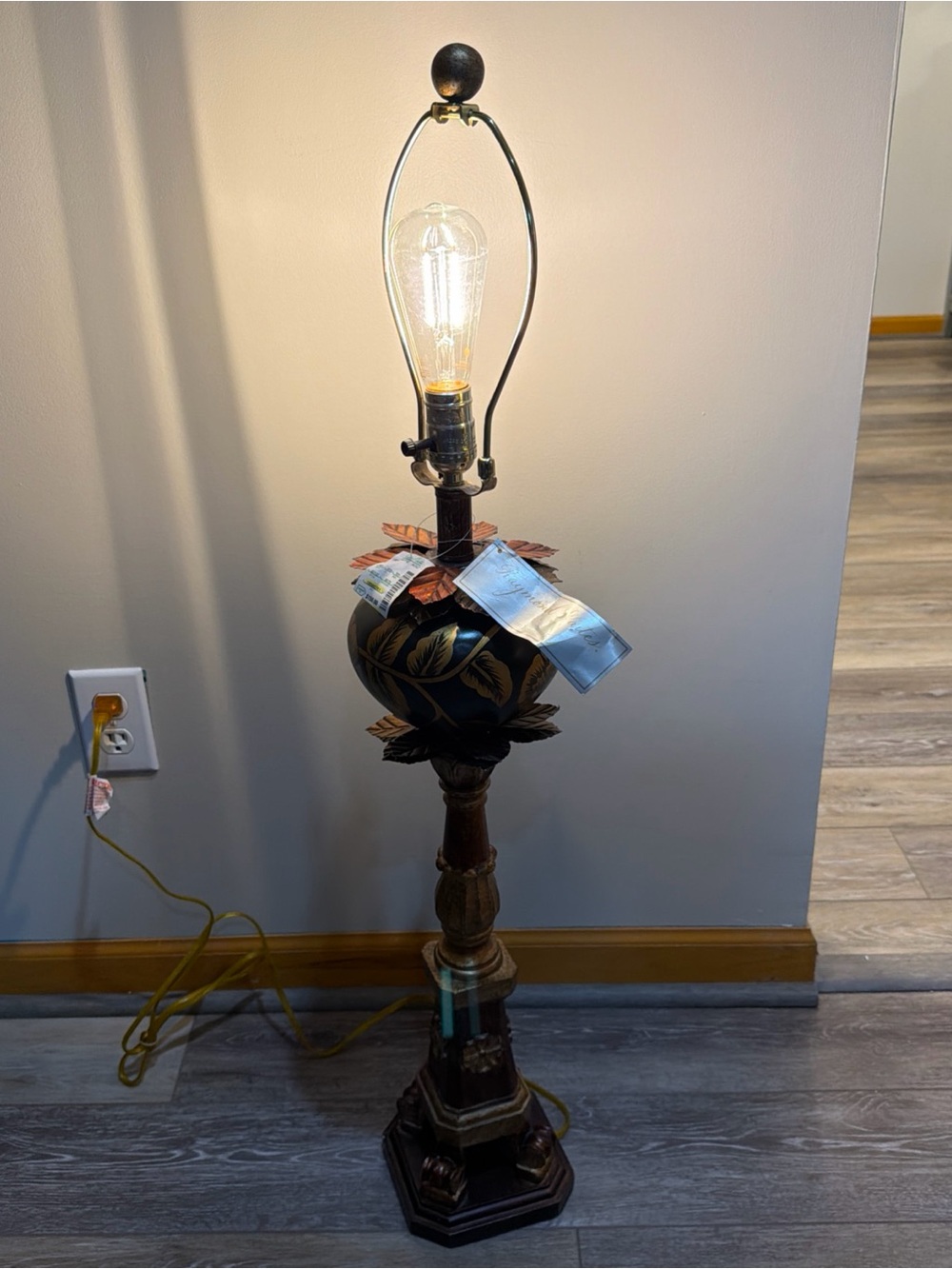 Raymond Waites Table Lamp W/Tags & Finial Dark Brown Gold Leaved Tyndale Cooper